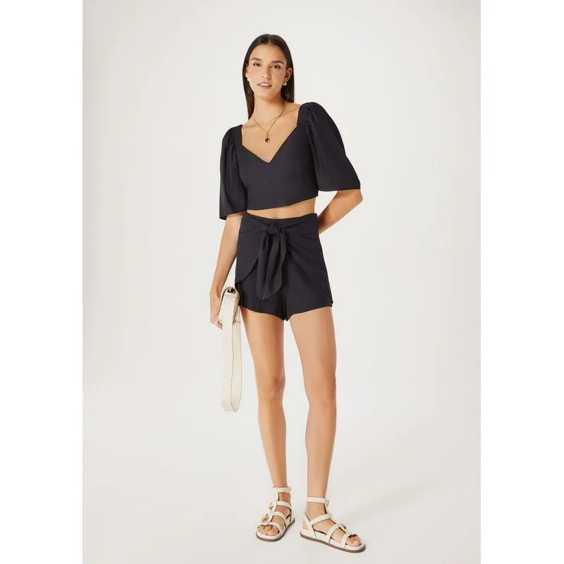 Shorts Feminino Em Viscose Com Amarração - Preto 038