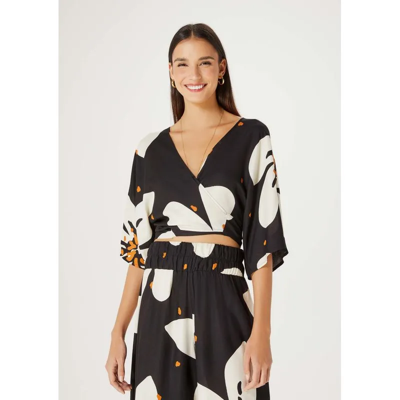 Blusa Cropped Feminina Estampada - Preto XP