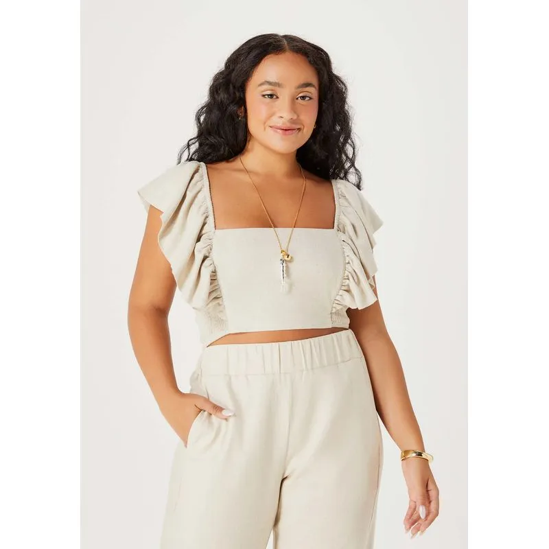 Blusa Cropped Feminina Em Viscose Com Babados - Bege XP