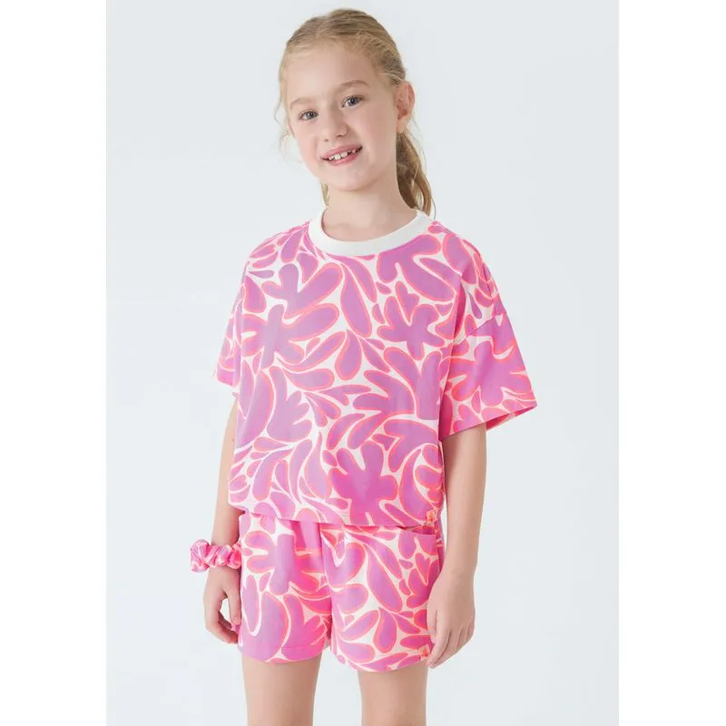 Blusa Cropped Infantil Menina + Scrunchie Em Neon - Roxo 012
