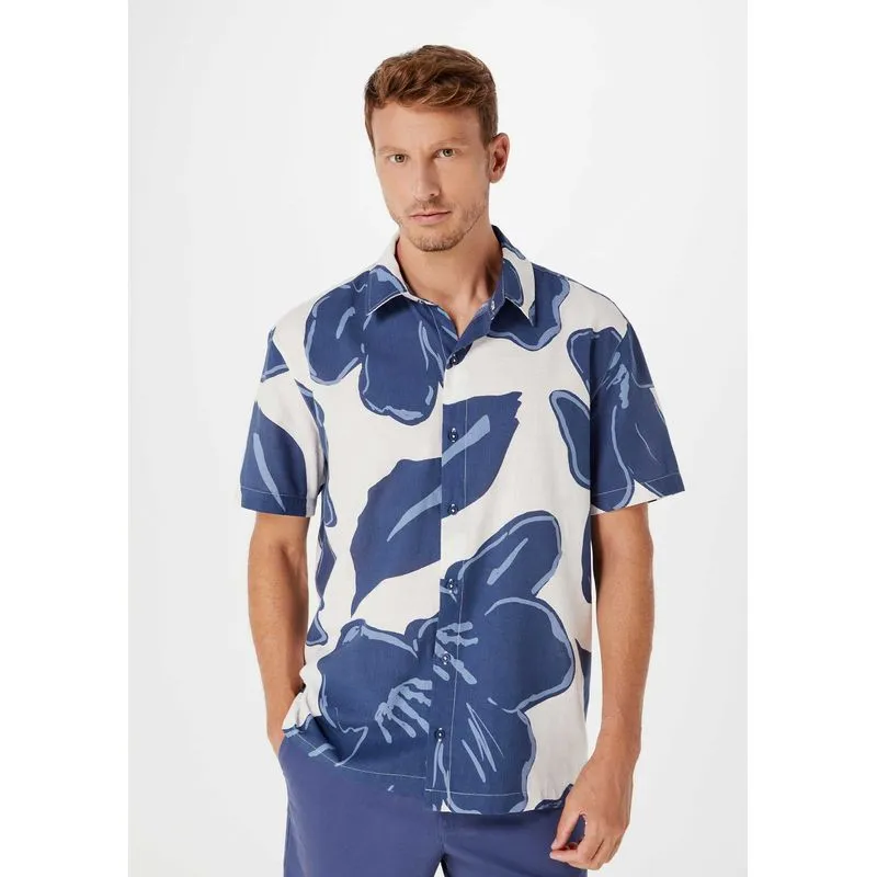 Camisa Masculina Manga Curta Estampada - Azul P