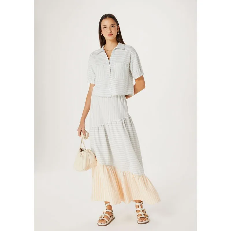 Saia Midi Listrada Com Recortes - Off white P