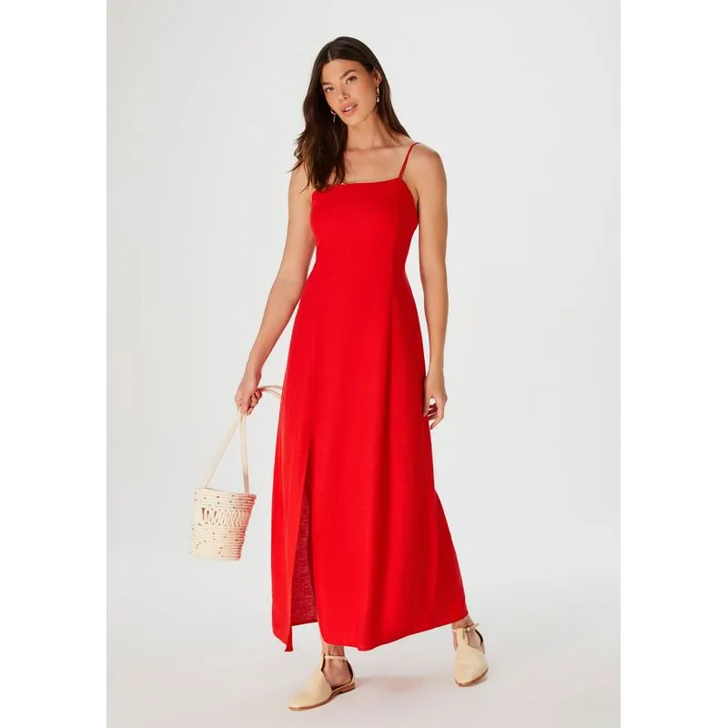Vestido Longo Com Fenda E Amarração Costas - Vermelho M