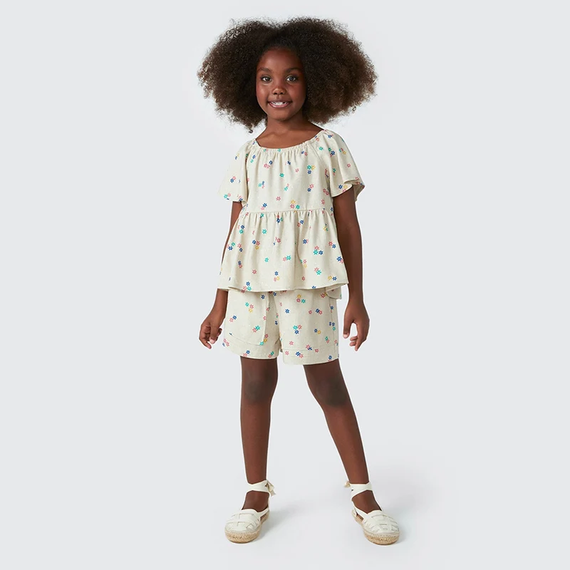 Blusa Bata Hering Infantil Floral Com Linho Feminina - Bege 06 / Menina