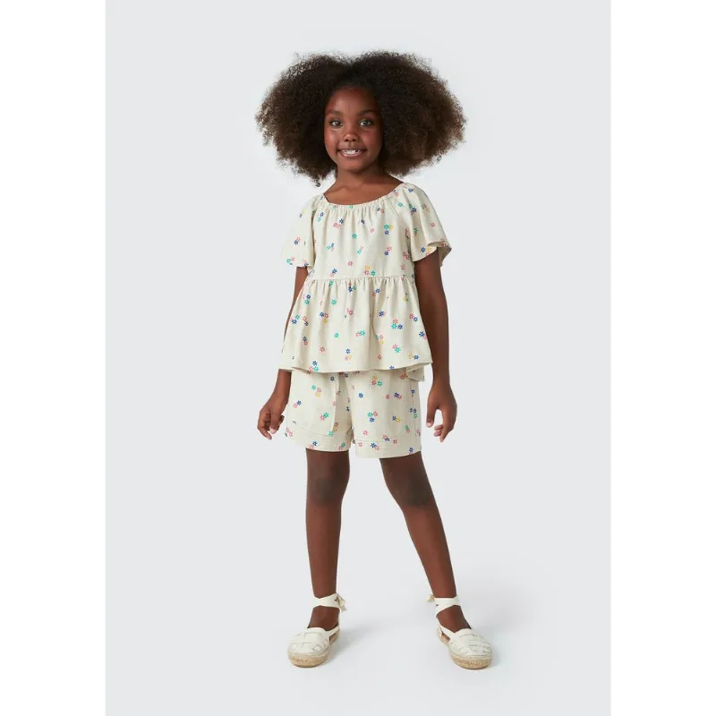 Shorts Infantil Menina Floral Com Linho - Bege 016