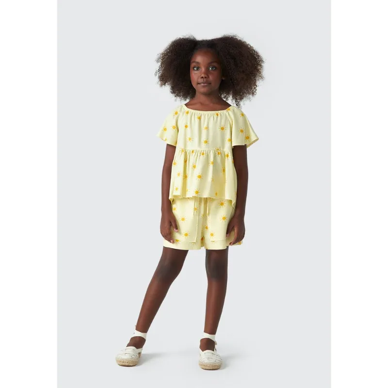 Shorts Infantil Menina Estampado Com Linho - Amarelo 012