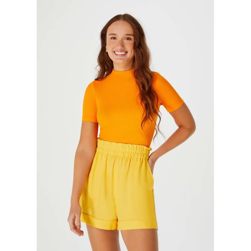 Blusa Básica Feminina Manga Curta Gola Alta Em Ribana - Laranja M