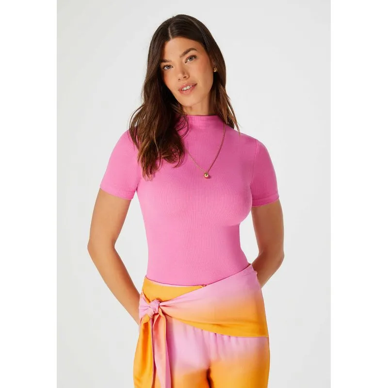 Blusa Básica Feminina Manga Curta Gola Alta Em Ribana - Rosa G