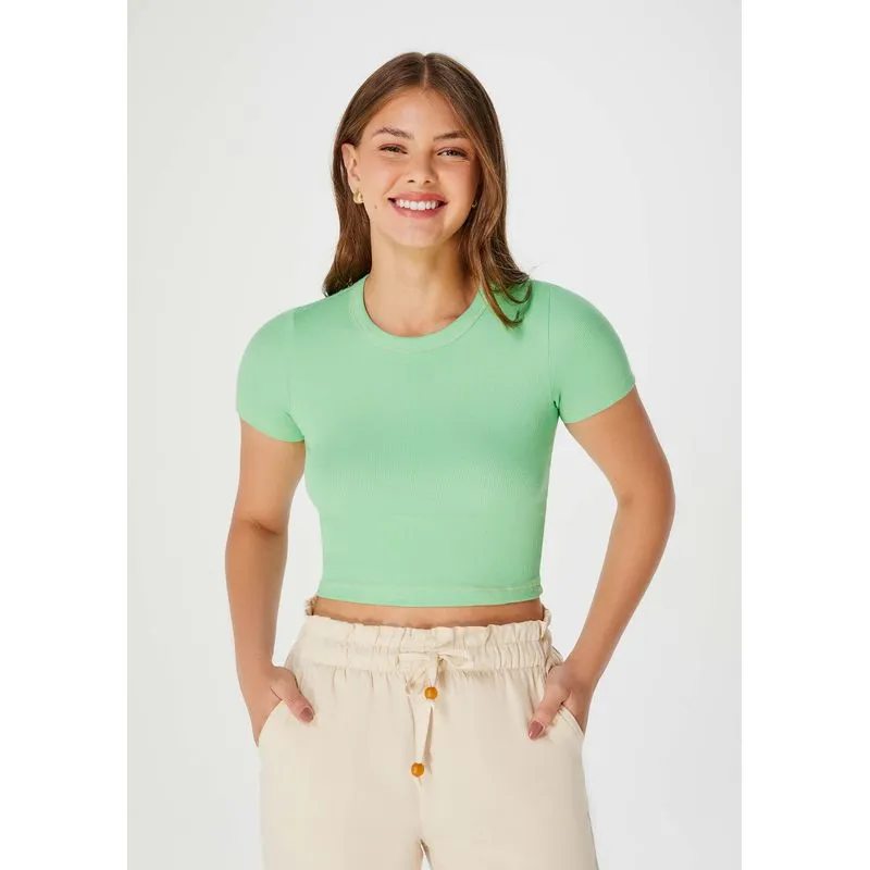 Blusa Cropped Feminina Manga Curta Em Ribana - Verde P