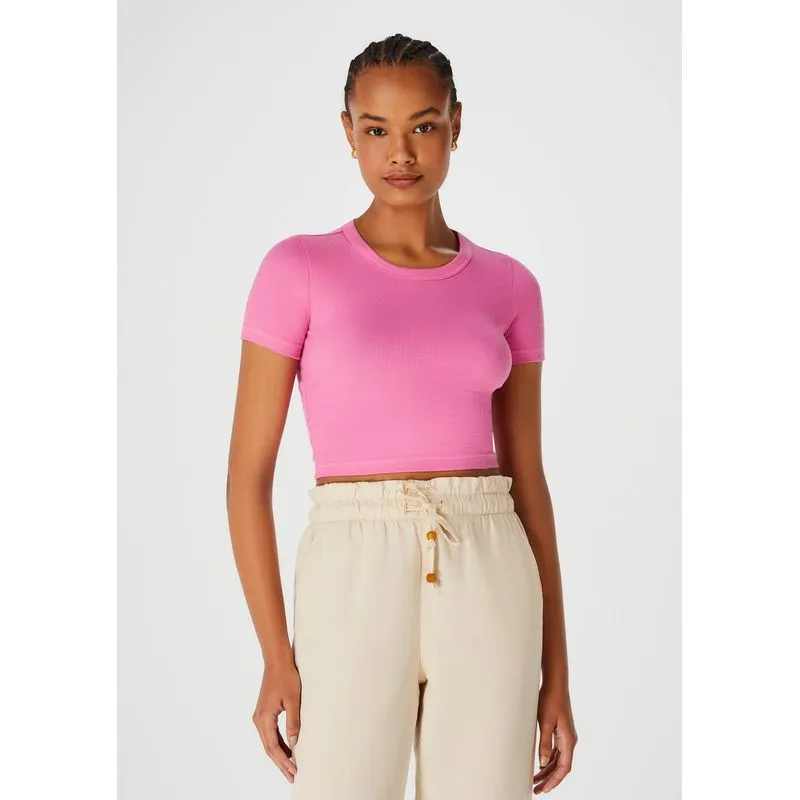 Blusa Cropped Feminina Manga Curta Em Ribana - Rosa XXG