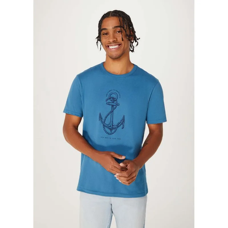 Camiseta Masculina Manga Curta Com Estampa - Azul P