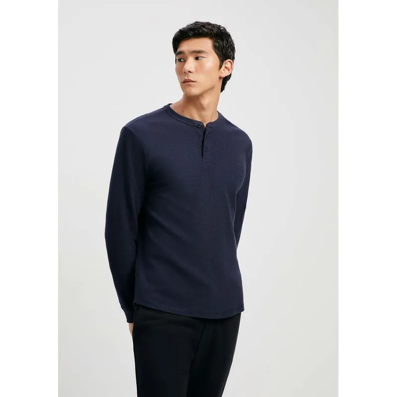 Camiseta Básica Henley Masculina Manga Longa Texturizada - Azul G