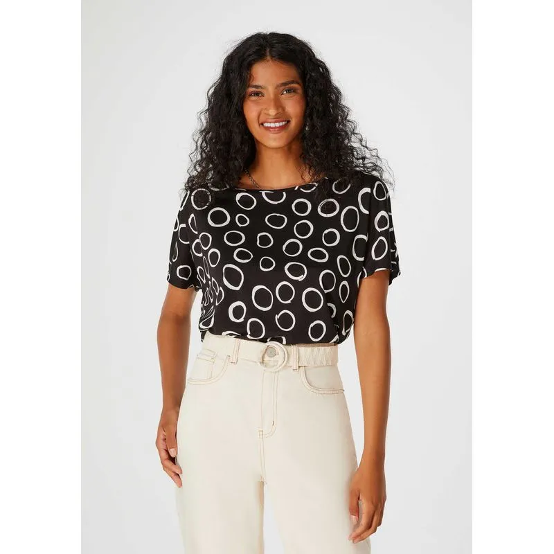 Blusa Feminina Manga Curta Estampada - Preto XXG