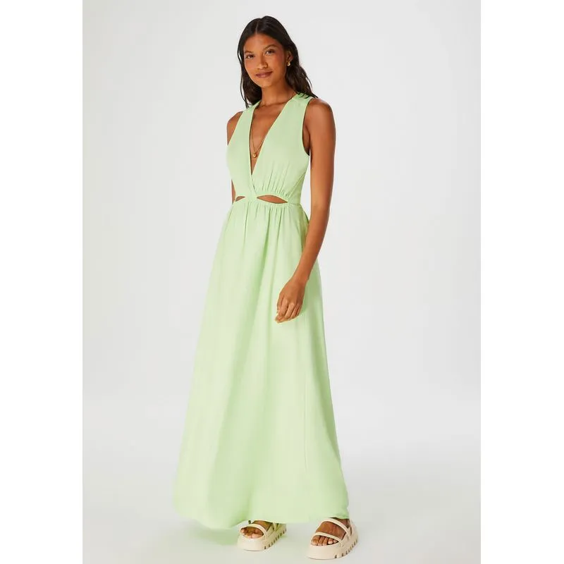 Vestido Longo Decote V Com Vazado - Verde G