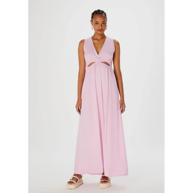 Vestido Longo Decote V Com Vazado - Rosa P