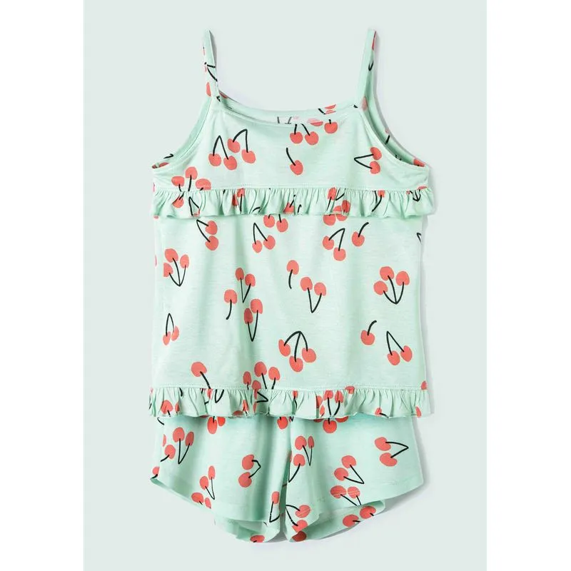 Pijama Curto Infantil Menina Cerejinhas Com Babados - Verde 014