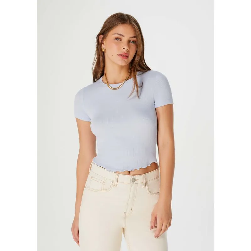 Blusa Feminina Manga Curta Com Frufru Em Ribana - Azul P