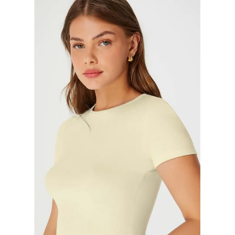 Blusa Feminina Manga Curta Com Frufru Em Ribana - Amarelo XP