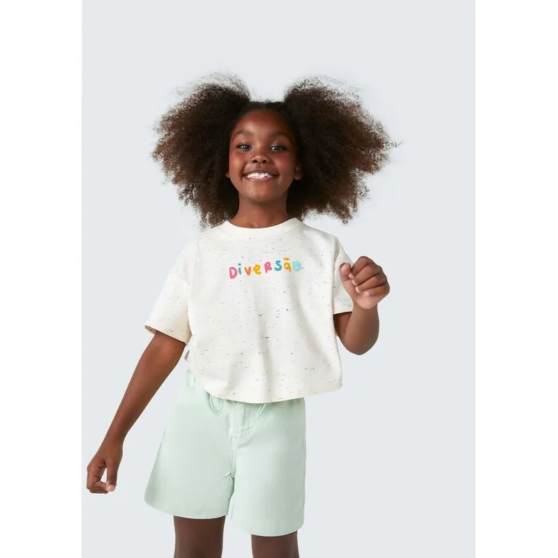 Blusa Cropped Básica Infantil Menina Com Estampa - Bege 014