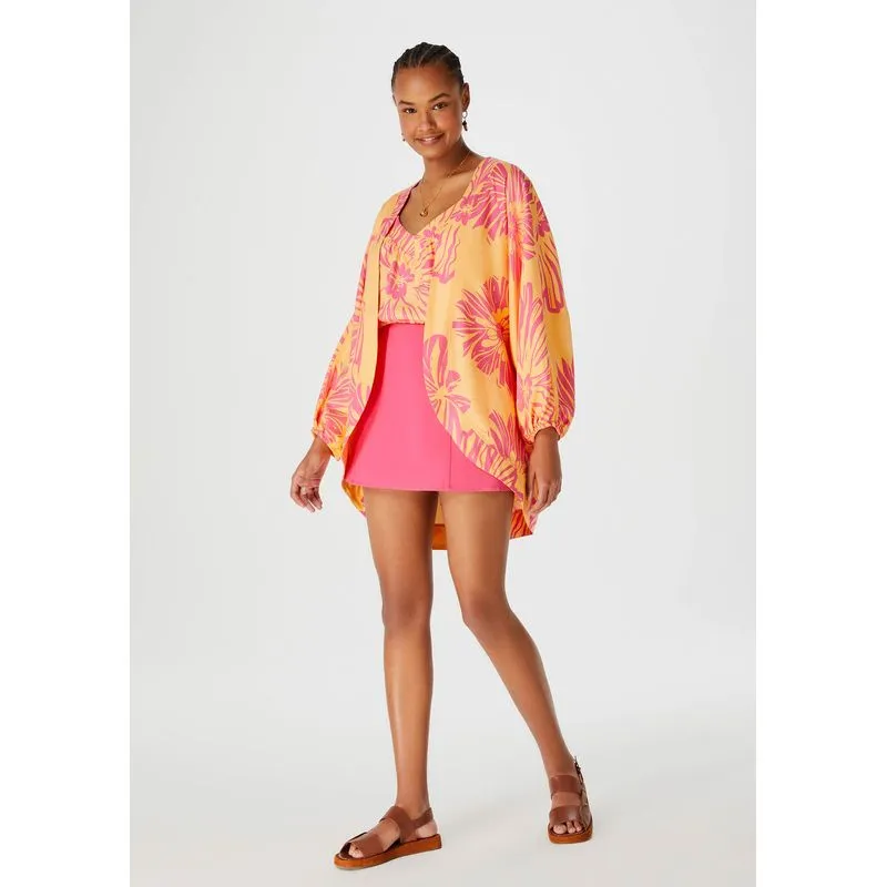 Kimono Feminino Floral Em Viscose - Laranja P