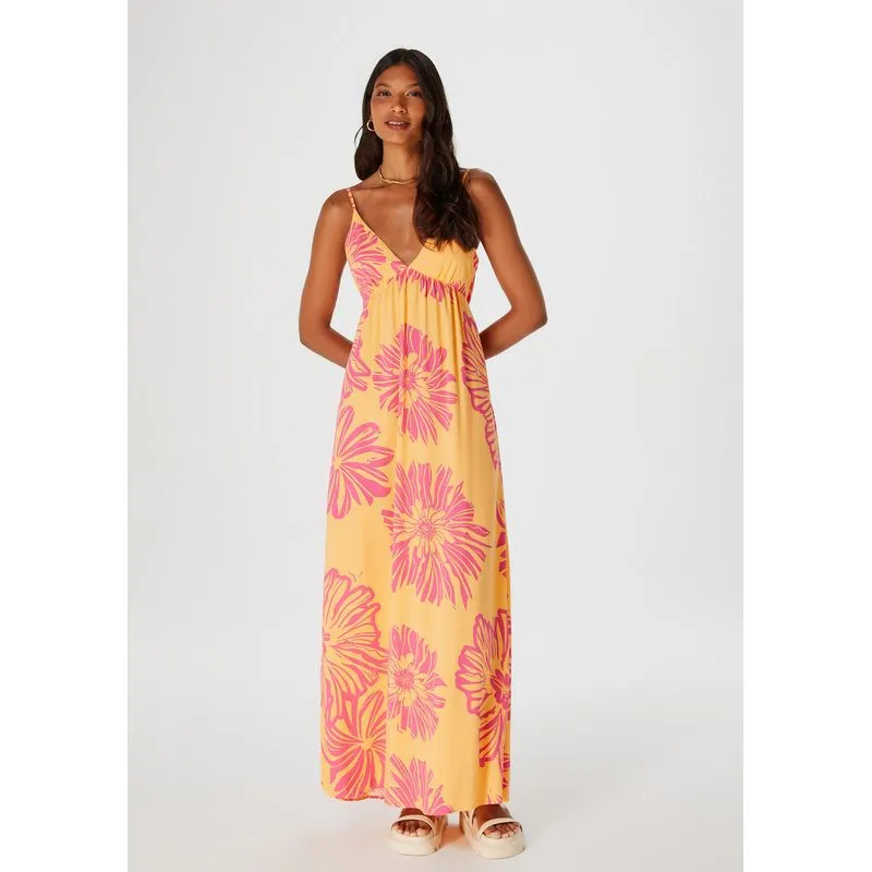 Vestido Longo Decote Profundo Estampado - Laranja M