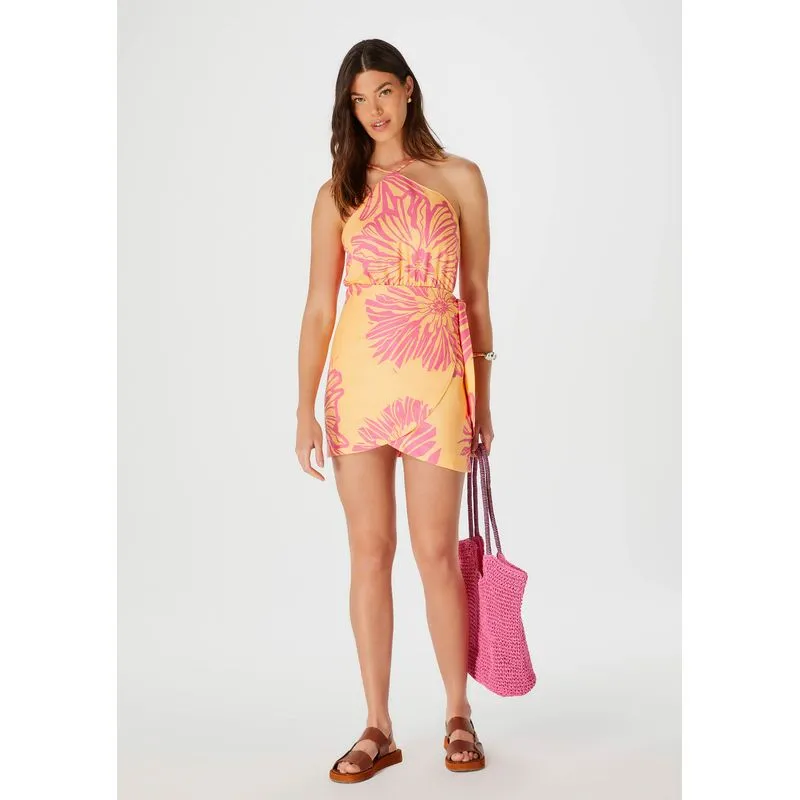 Vestido Curto Decote Halter Neck Estampado - Laranja XG