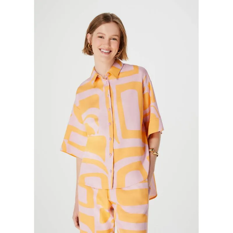 Camisa Feminina Manga Curta Estampada - Rosa M