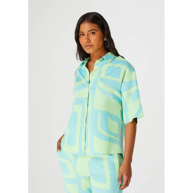 Camisa Feminina Manga Curta Estampada - Azul M