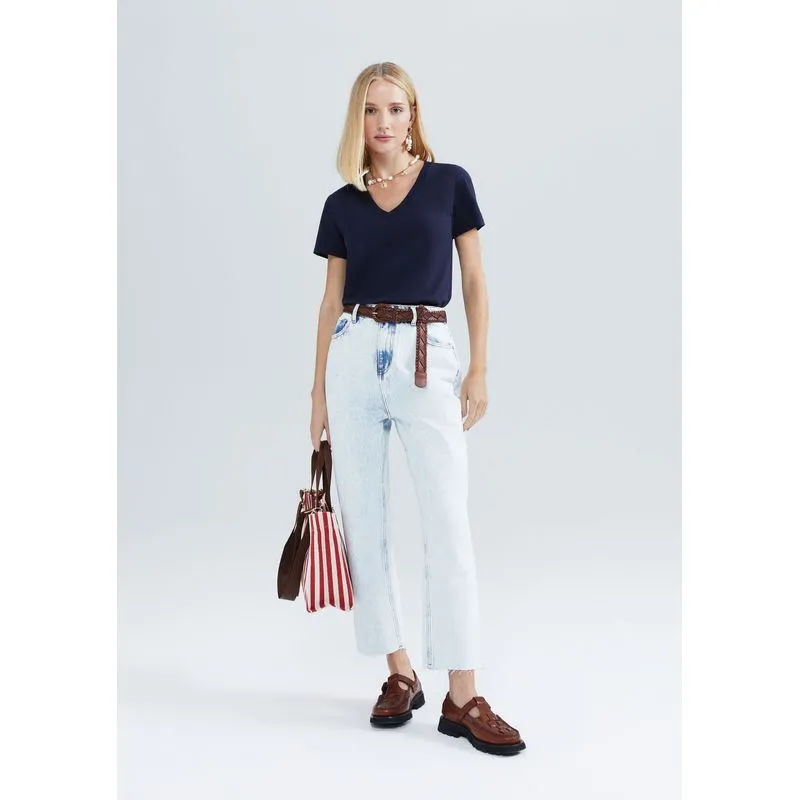 Calça Jeans Básica Feminina Reta Cintura Alta Barra A Fio - Azul 034