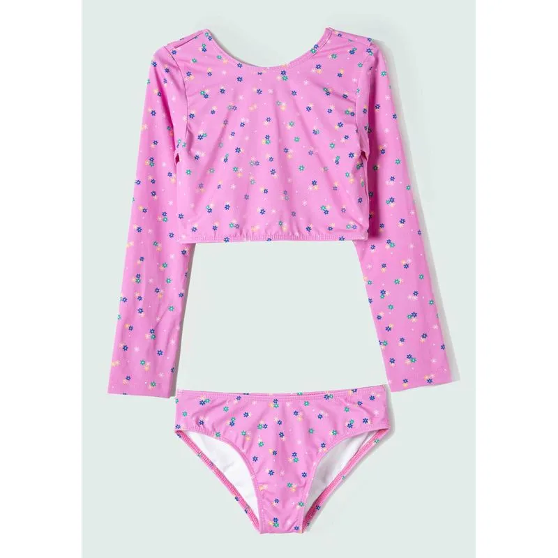 Conjunto Biquíni Infantil Cropped Estampado Com Babados - Rosa 016