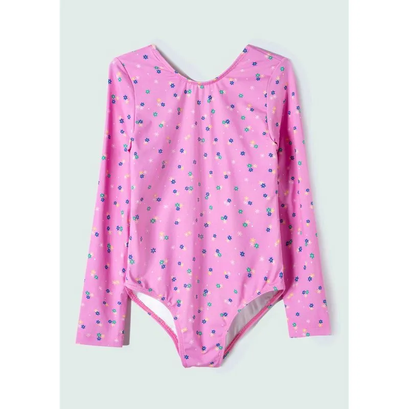 Maiô Infantil Manga Longa Floral - Rosa 008