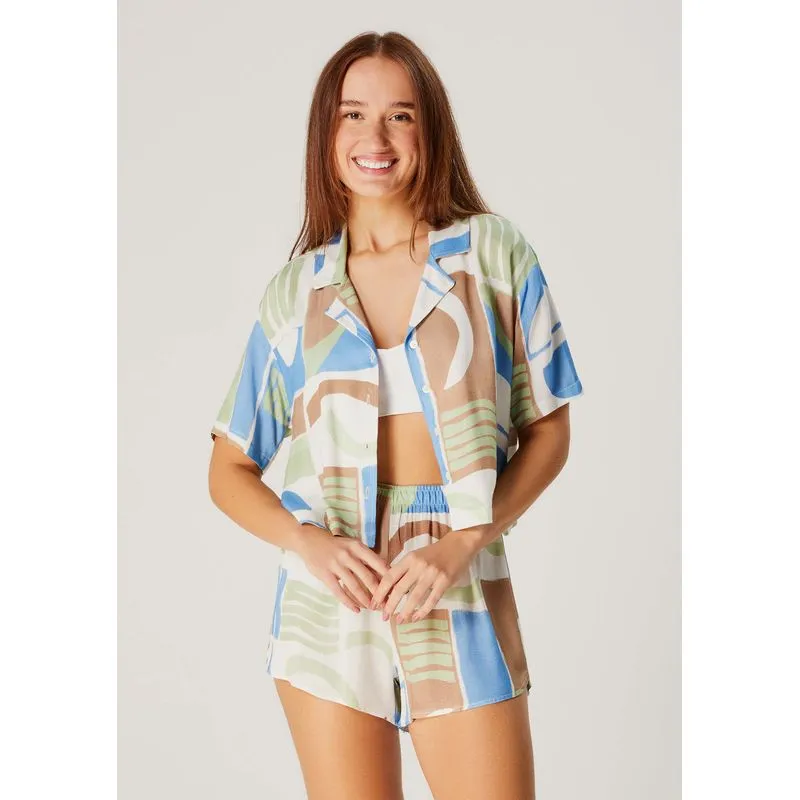 Pijama Curto Feminino Estampado Com Camisa - Branco P