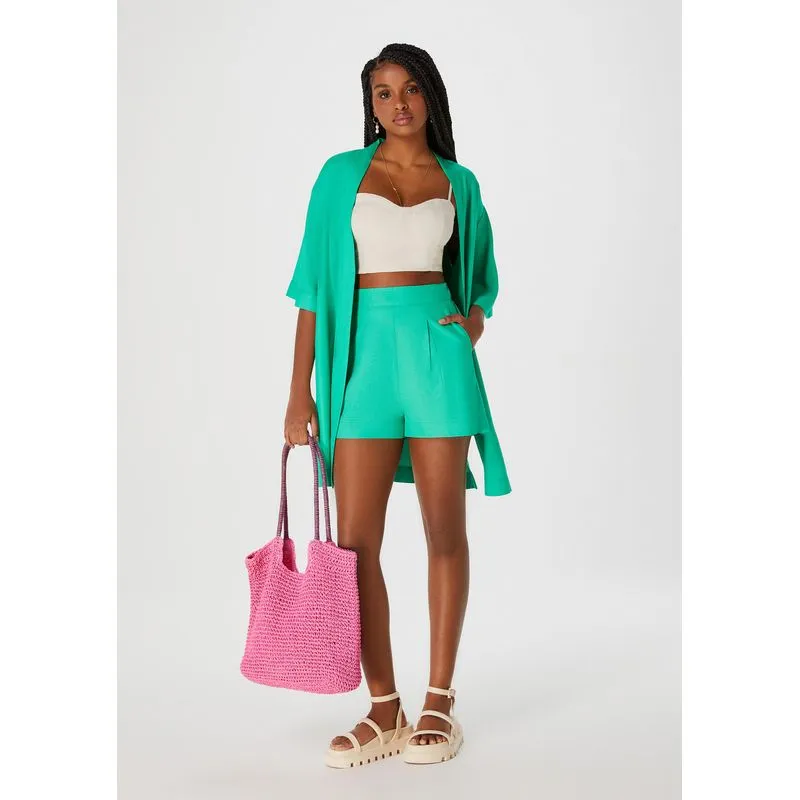 Shorts Feminino Cintura Alta Em Linho - Verde G