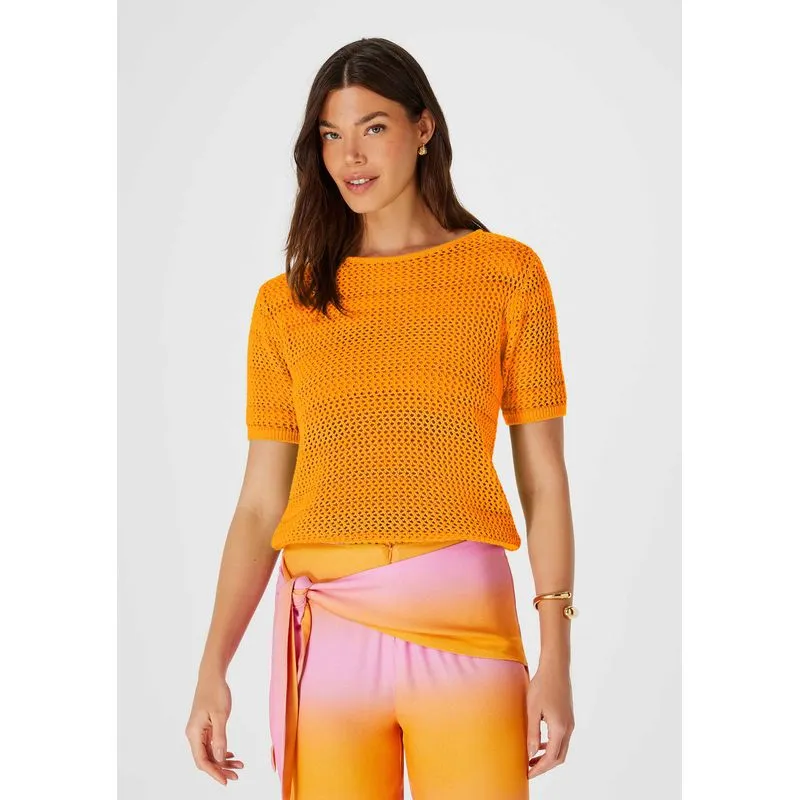 Blusa Feminina Manga Curta Em Tricô - Laranja XG