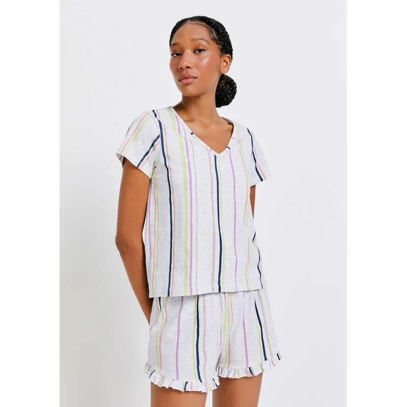 Pijama Curto Feminino Estampado Decote V - Cinza M