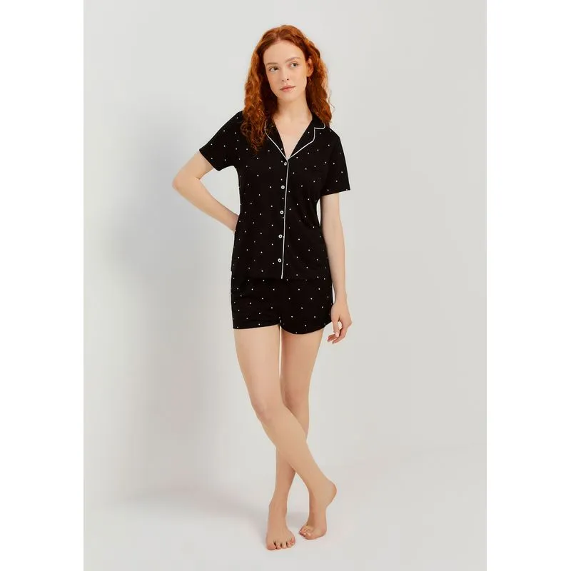 Pijama Curto Feminino Estampado Com Botões - Preto P
