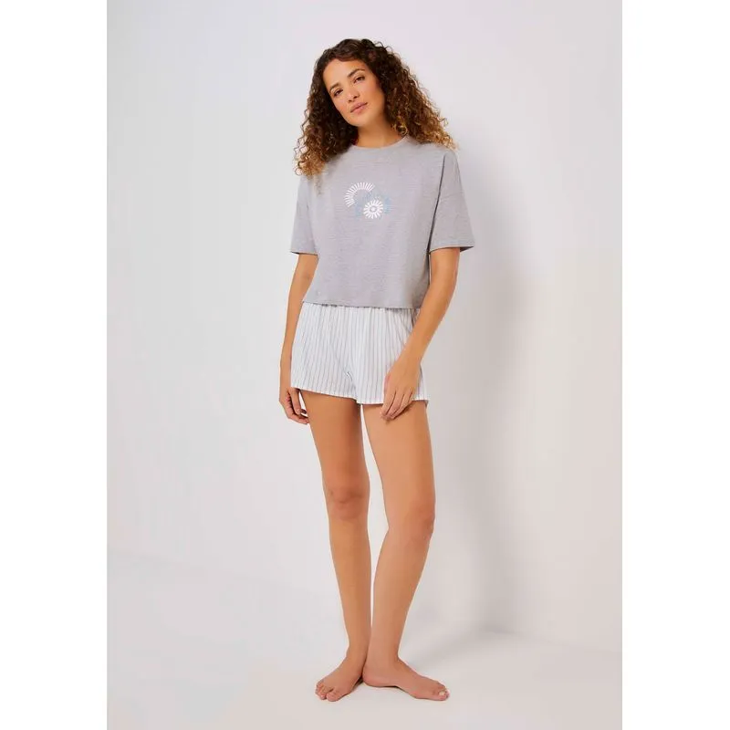 Pijama Curto Feminino Box Estampado - Cinza XP