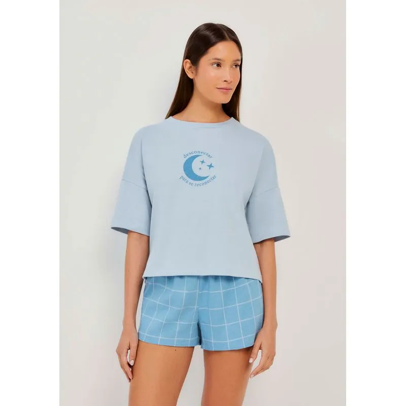 Pijama Curto Feminino Box Estampado - Azul G
