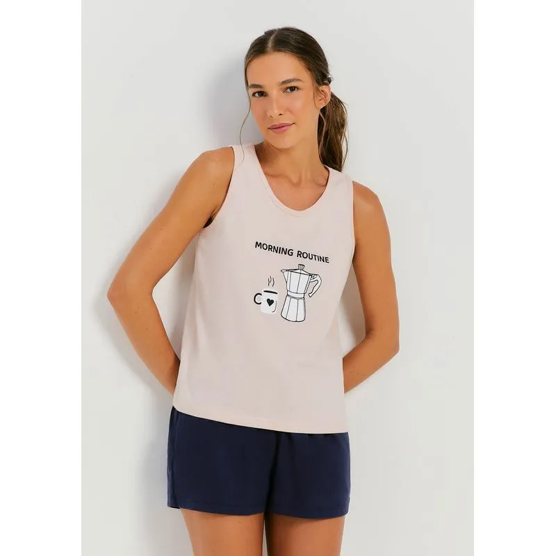 Pijama Curto Feminino Com Estampa - Azul XG