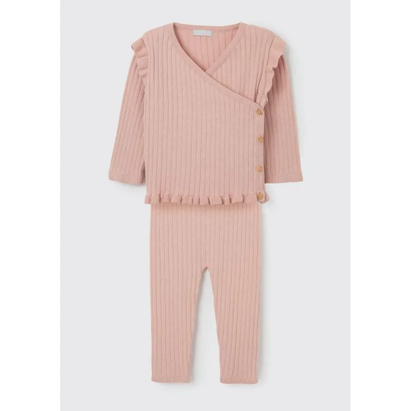 Conjunto Longo Bebê Menina Em Ribana Com Babado - Rosa 12M