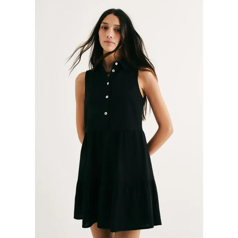 Vestido Curto Evasê Com Linho - Preto XXG