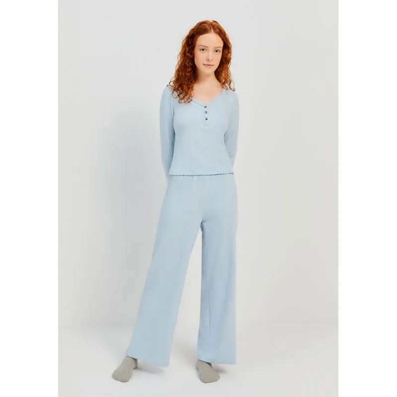 Pijama Longo Feminino Decote Henley - Azul G
