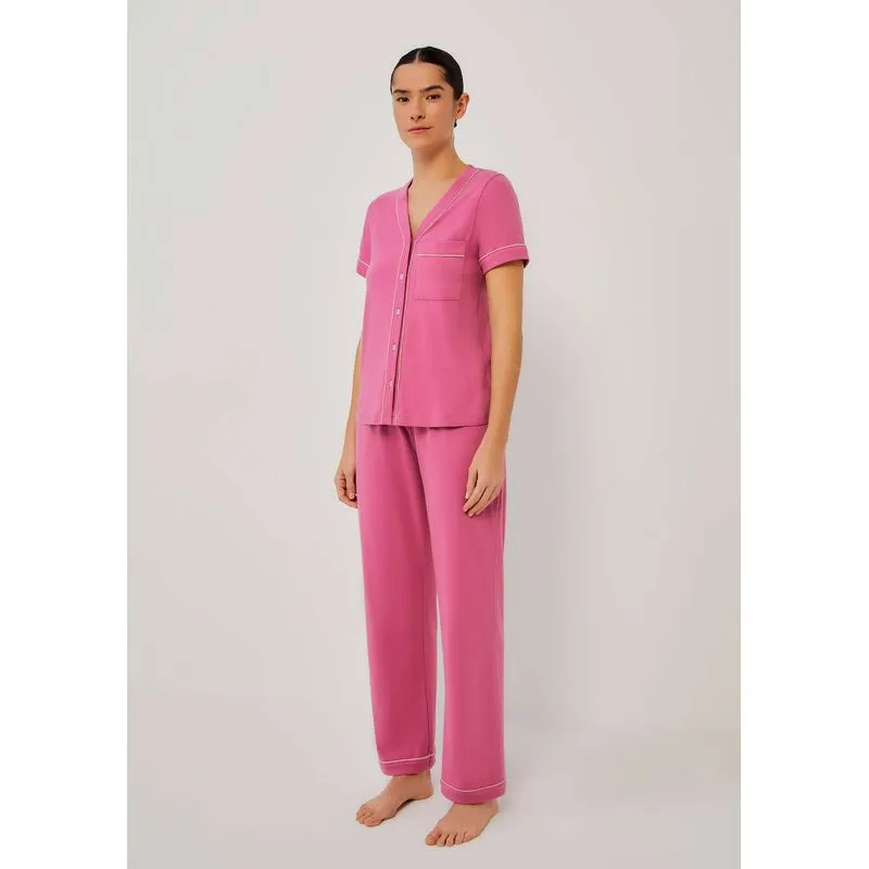 Pijama Longo Feminino Manga Curta Com Bolso - Rosa M