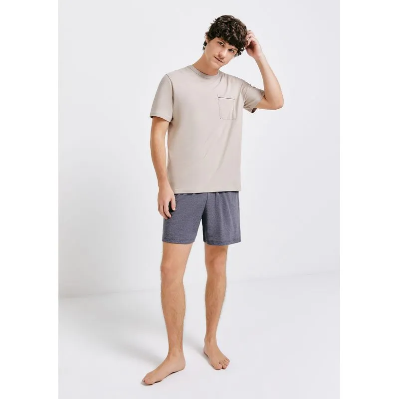 Pijama Curto Masculino Com Bolso - Bege M