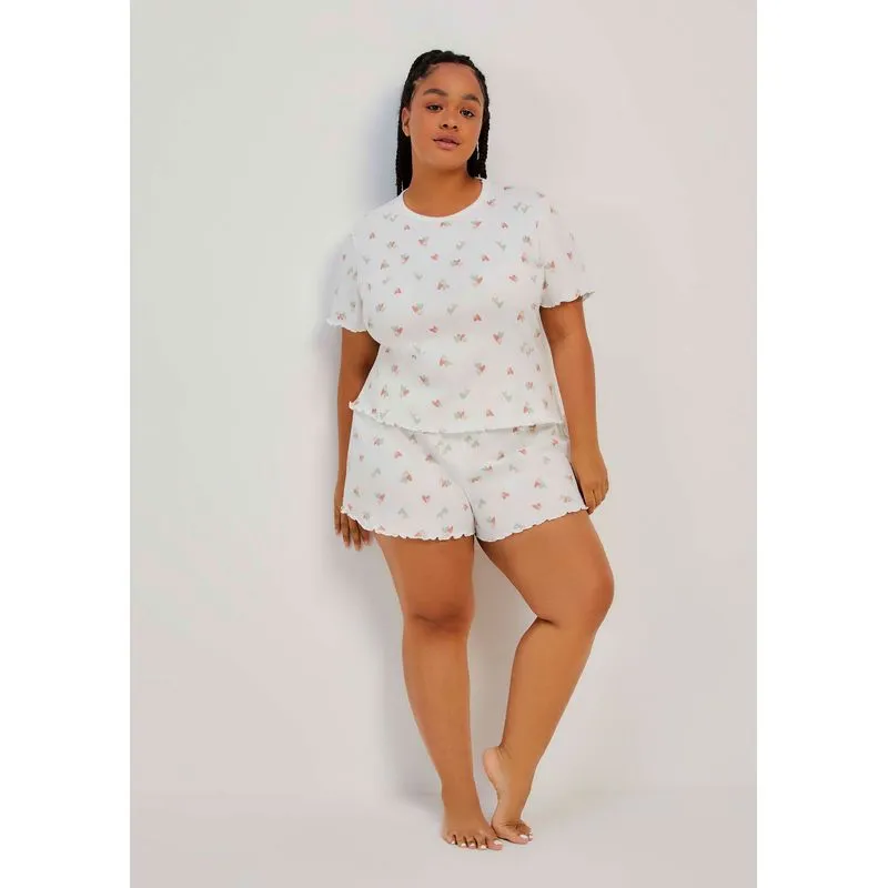 Pijama Curto Feminino Estampado Com Frufru - Off white M