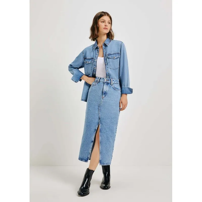 Saia Jeans Midi Com Fenda - Azul 042