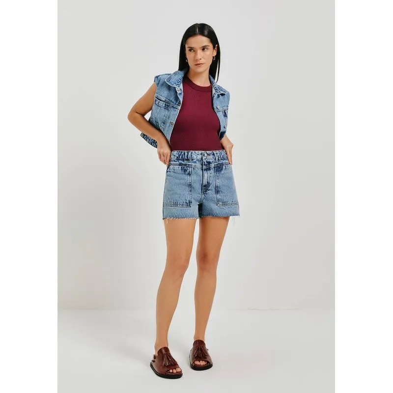 Shorts Jeans Feminino Cintura Média Barra A Fio - Azul 044