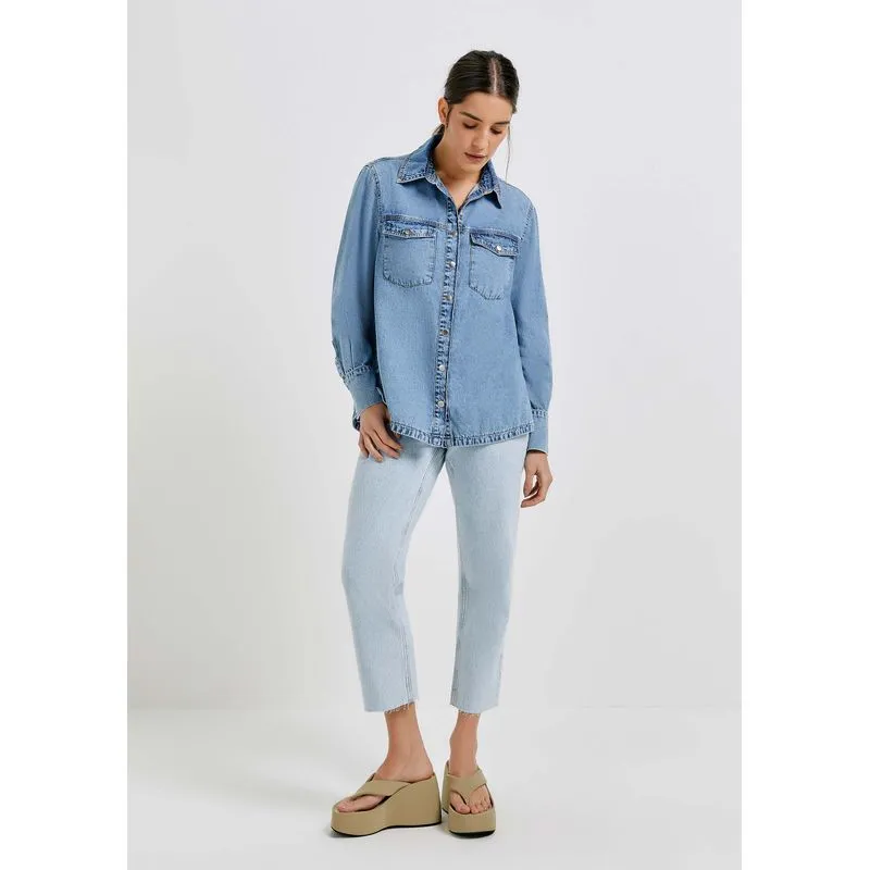Camisa Jeans Feminina Manga Longa Alongada - Azul XP