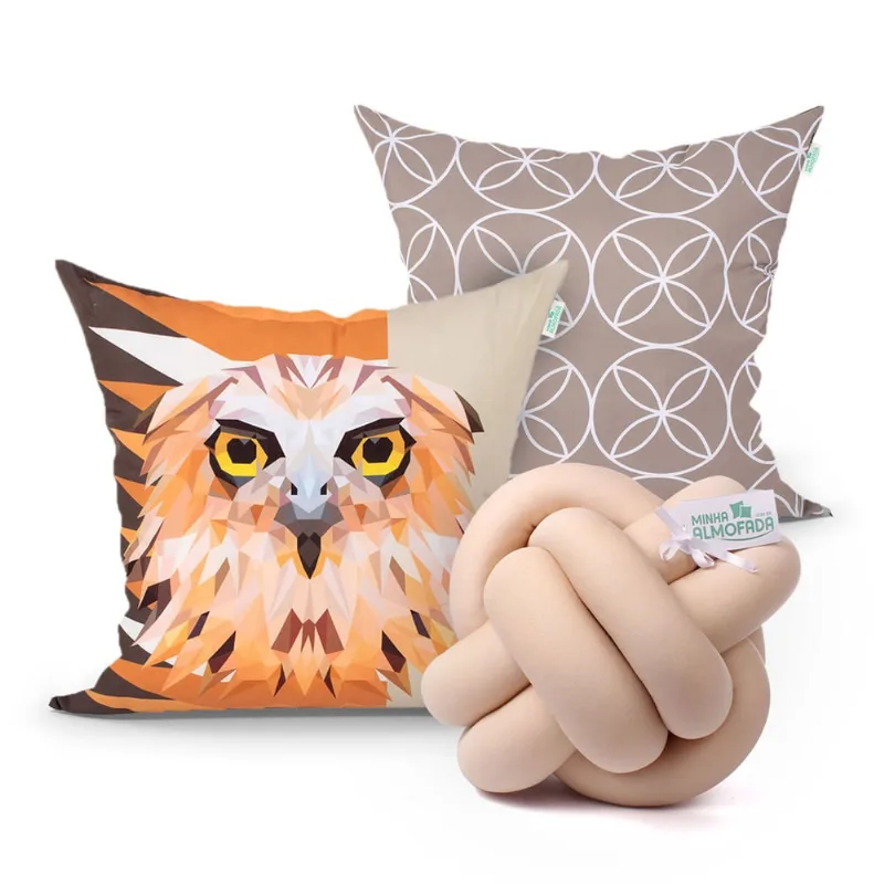 Capa de Almofada Coruja Estampada Bege para Quarto Kit 2 Unidades 45cm x 45cm + Almofada Nó Escandinavo