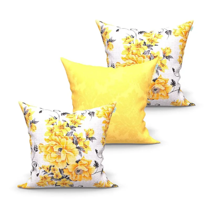 Jogo de Capa de Almofada Grande Decorativa Floral Amarela e Lisa 60cm x 60cm 3 Unidades com zíper